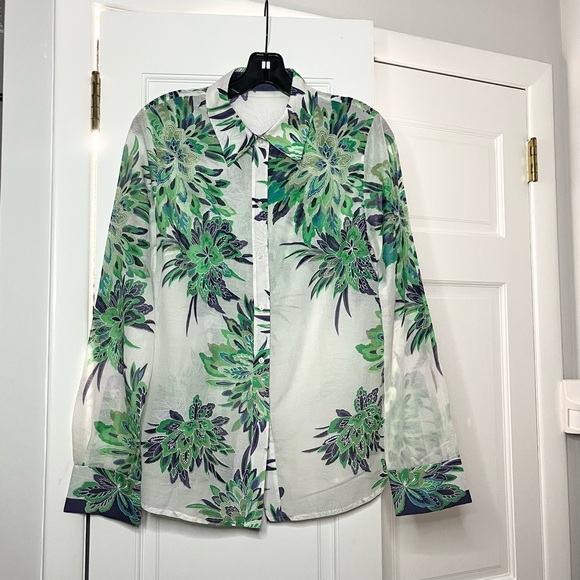 Elie Tahari Women’s Cotton Floral Long Sleeve Button Up Blouse BlueGreen Top